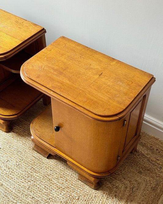 Pair of French Art Deco Oak Bedside Tables c.1930s - Club Sourced