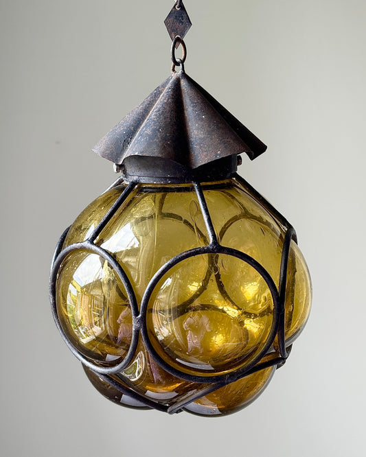 Venetian Style Caged Mouth-blown Amber Glass Pendant