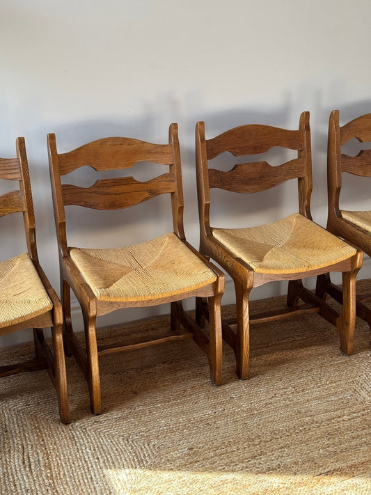 Set of Four Razor Back Oak & Woven Dining Chairs by Guillerme et Chambron - Club Sourced