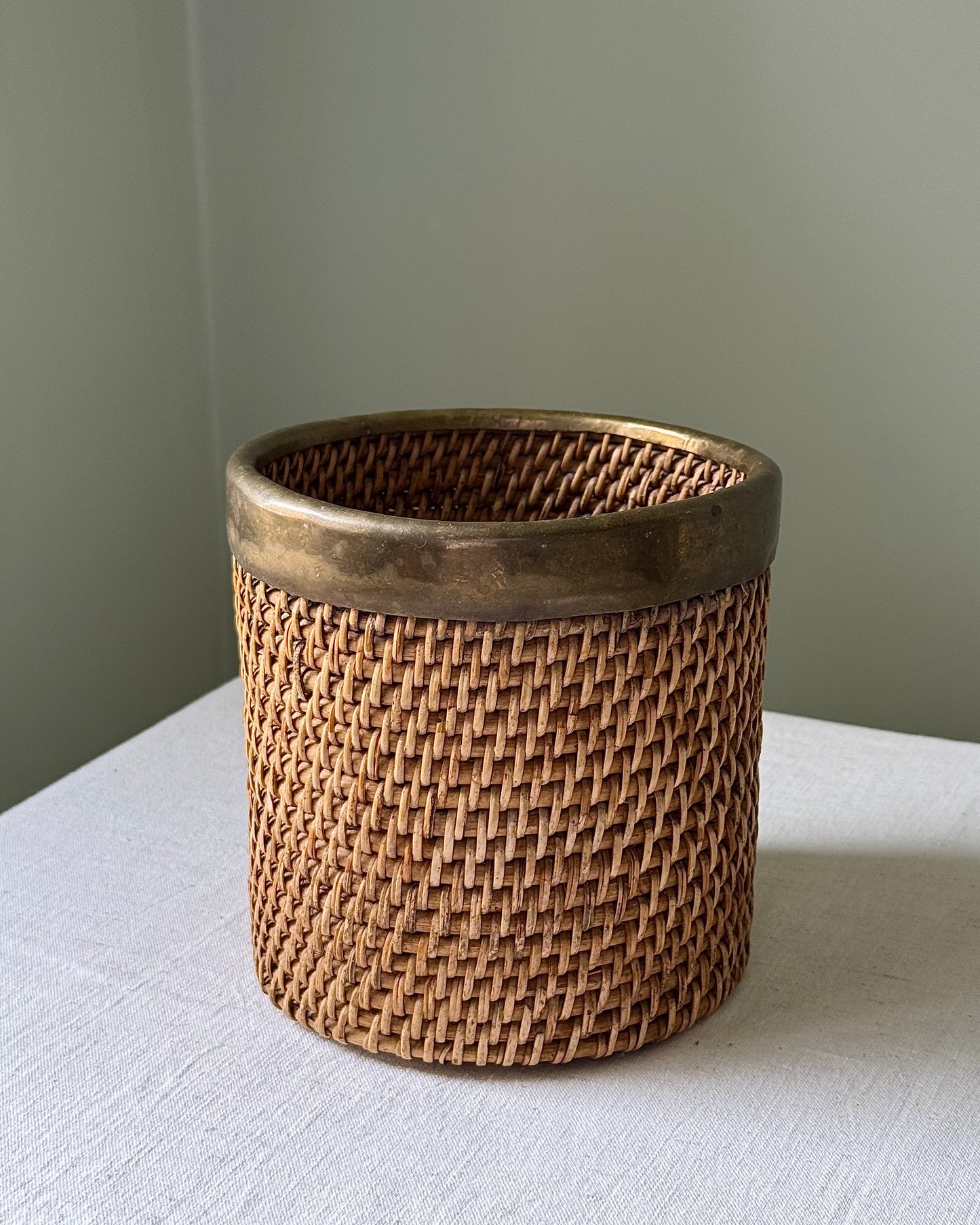 Italian Mid-Century Woven Rattan & Brass Basket