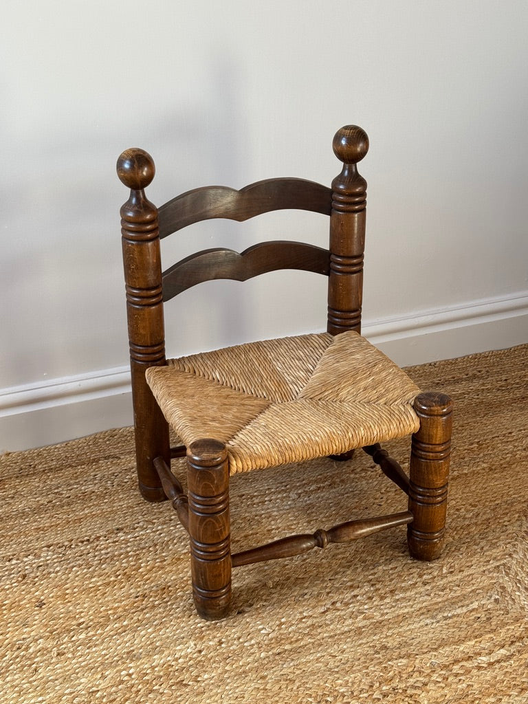 1940s Oak & Rush Low Armchair, in the manner of Charles Dudouyt