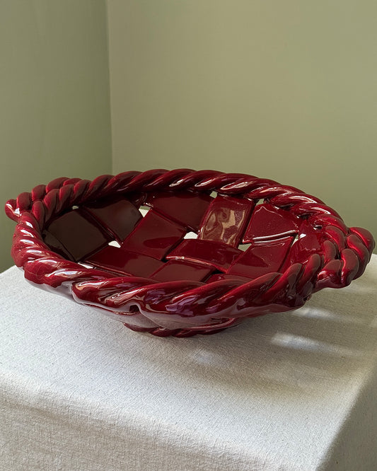 Large Glossy Red Ceramic Woven Basket Bowl