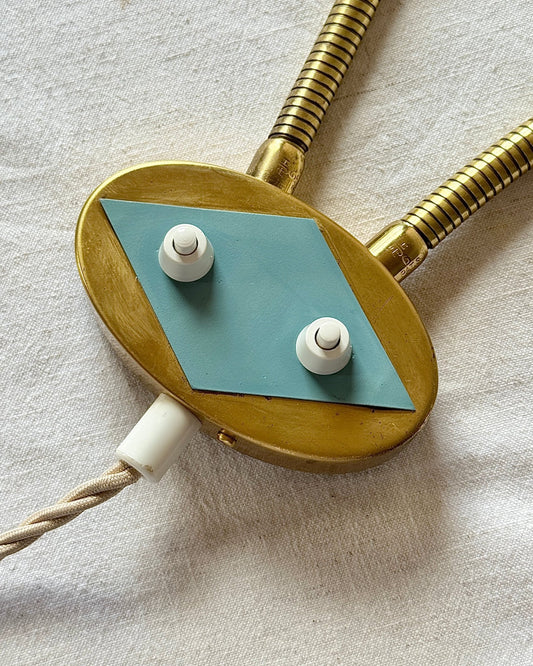 Double Gooseneck Blue & Brass AJH Wall Light, Sweden c.1950s - Club Sourced