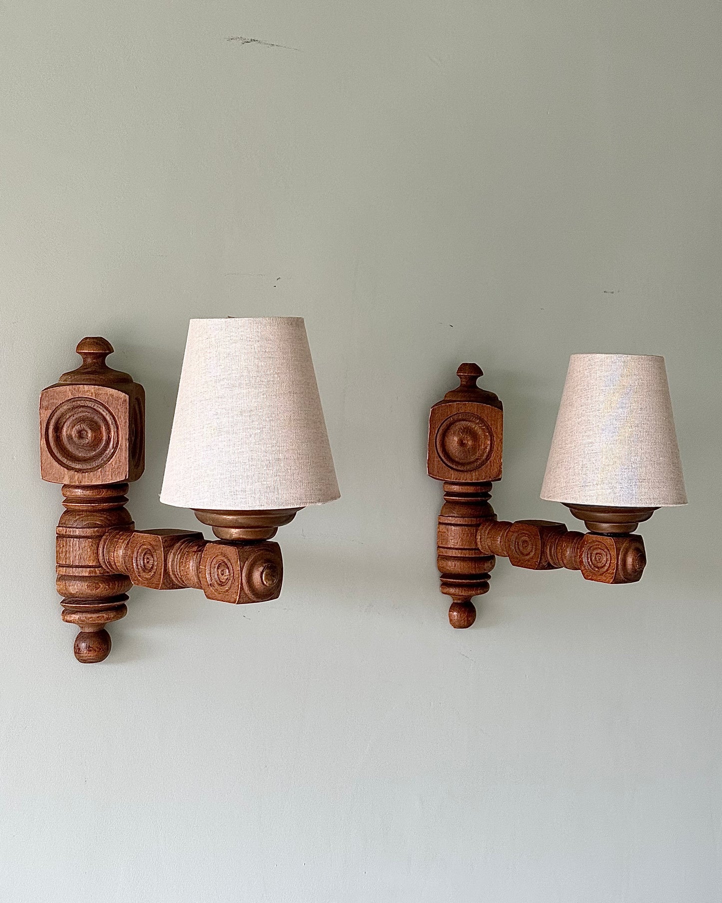 Pair of French Turned Wood Sconces, Style of Charles Dudouyt