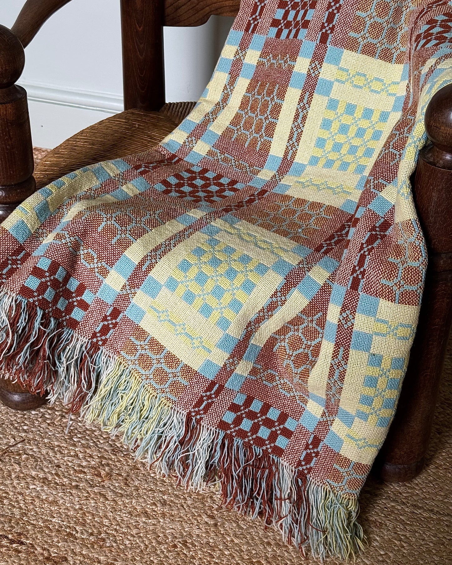 Vintage Welsh Wool Tapestry Blanket in Pastel Blue, Brown & Yellow