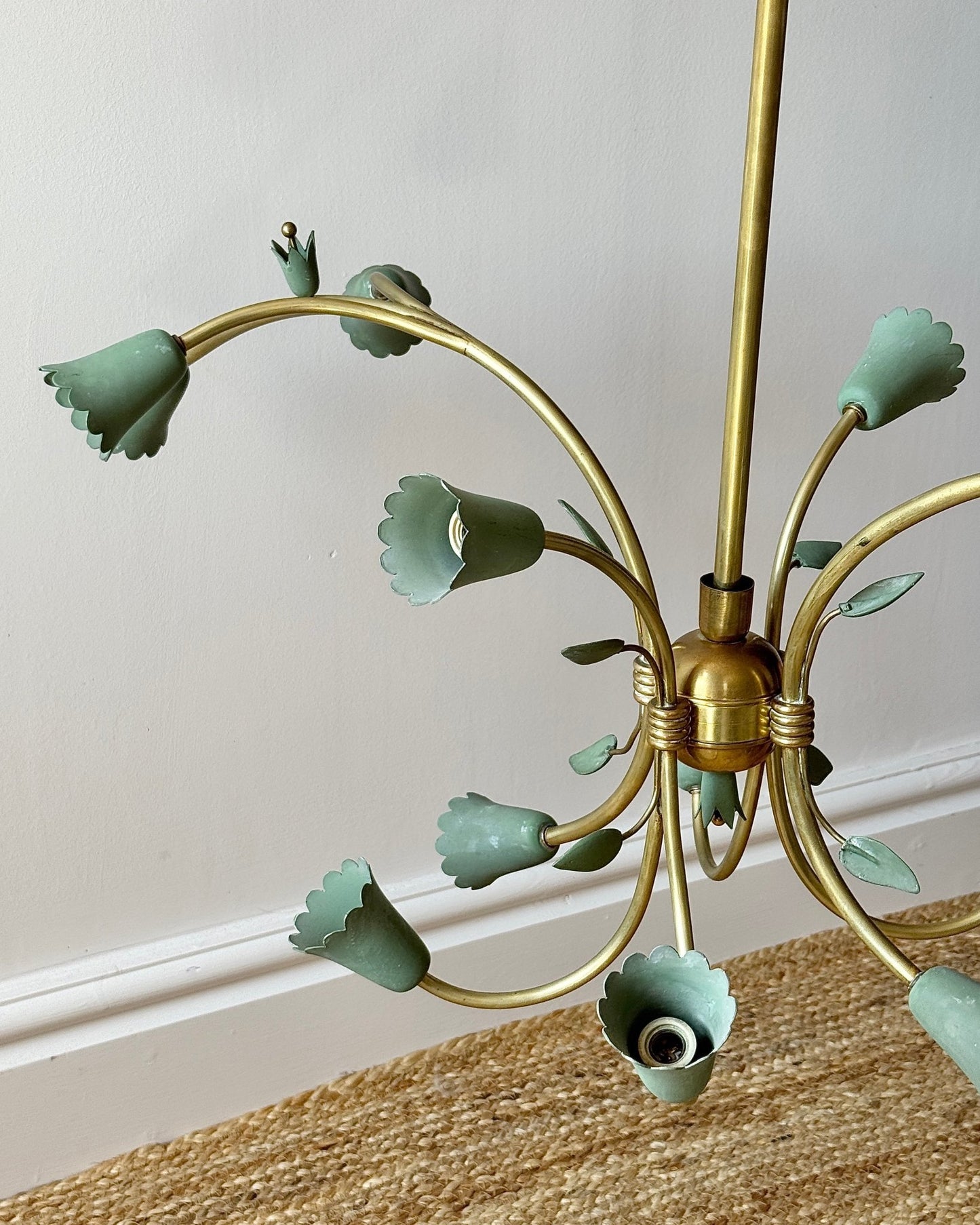 Large Italian Brass & Green Tole 14 Light Chandelier, c.1950 - Club Sourced
