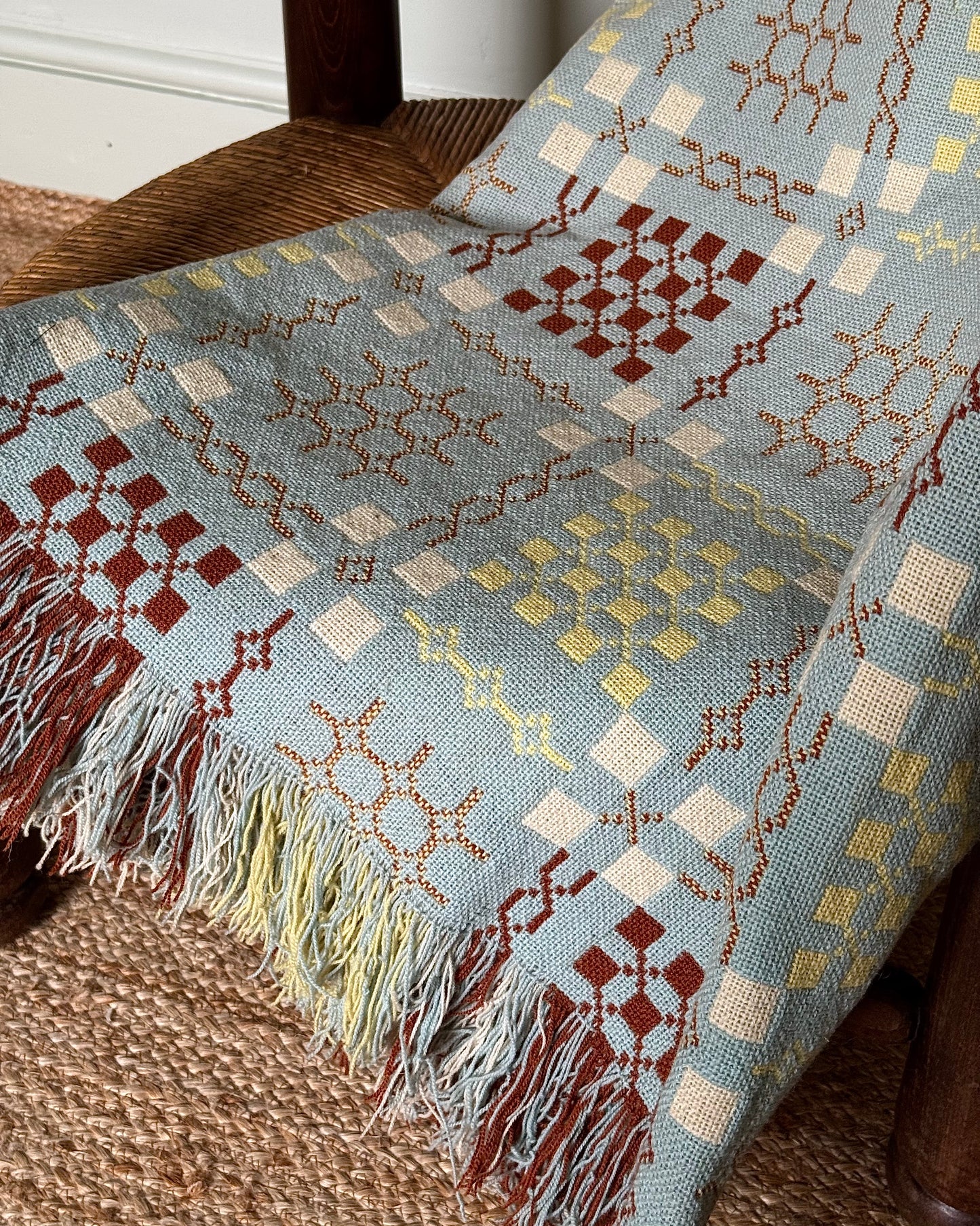 Vintage Welsh Wool Tapestry Blanket in Pastel Blue, Brown & Yellow
