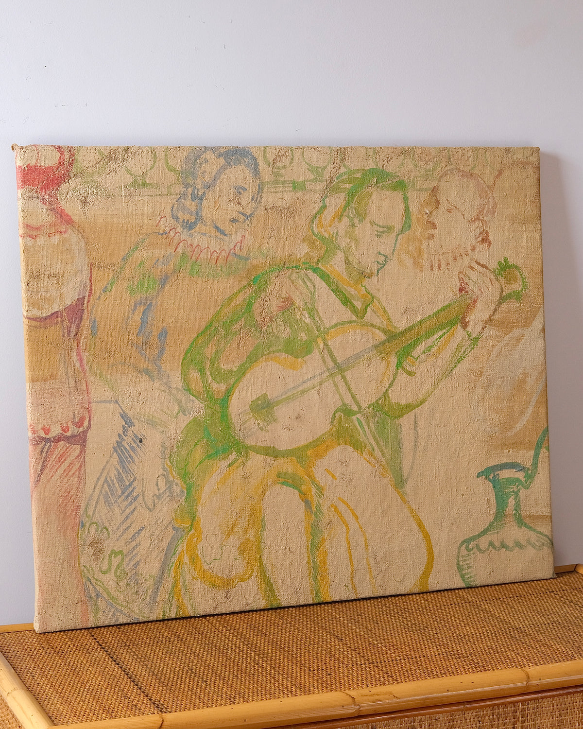 French Painted Hessian Mural Fragment of Musician, 1970s