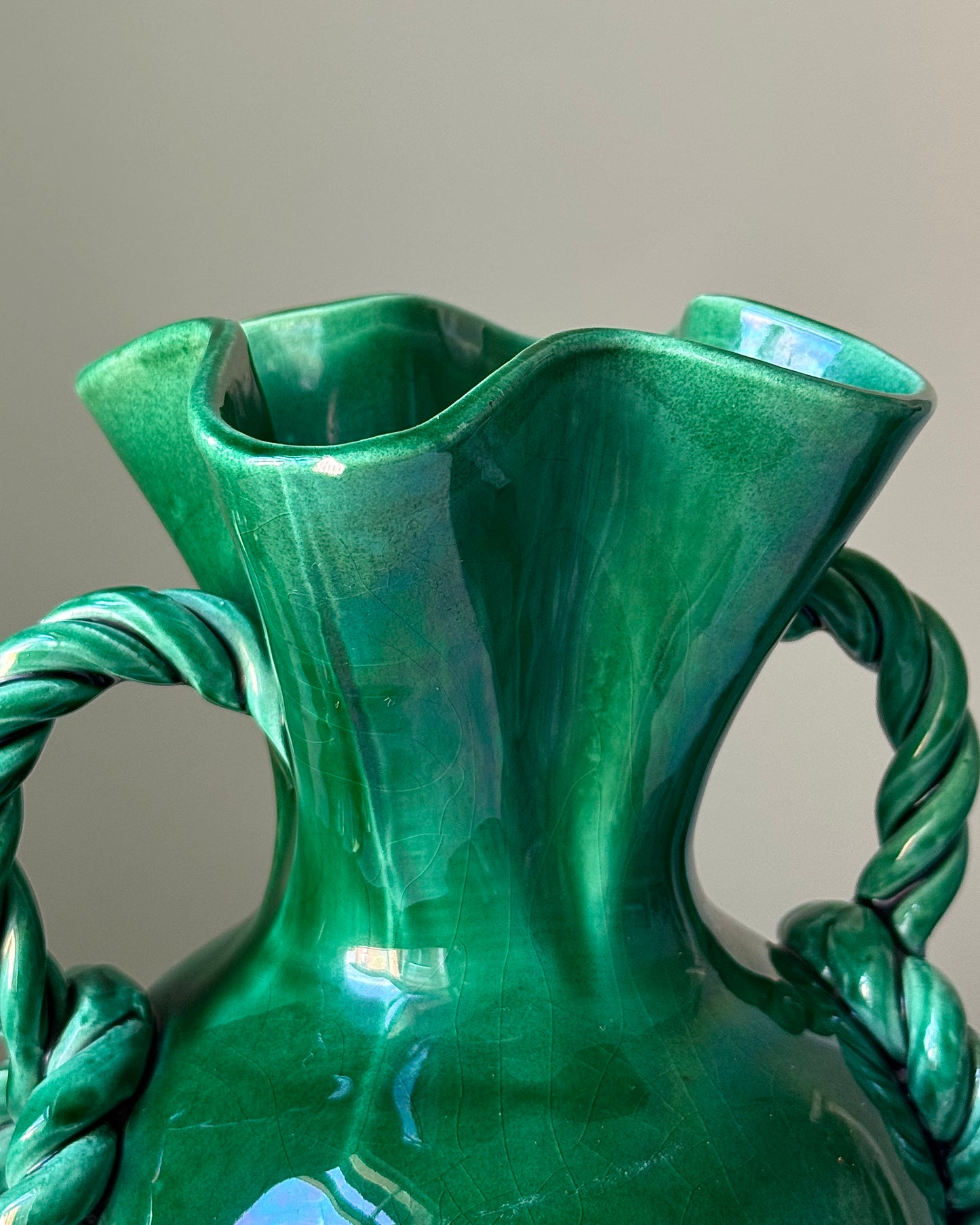 Vallauris Green Glaze Twisted Rope Handled Vase
