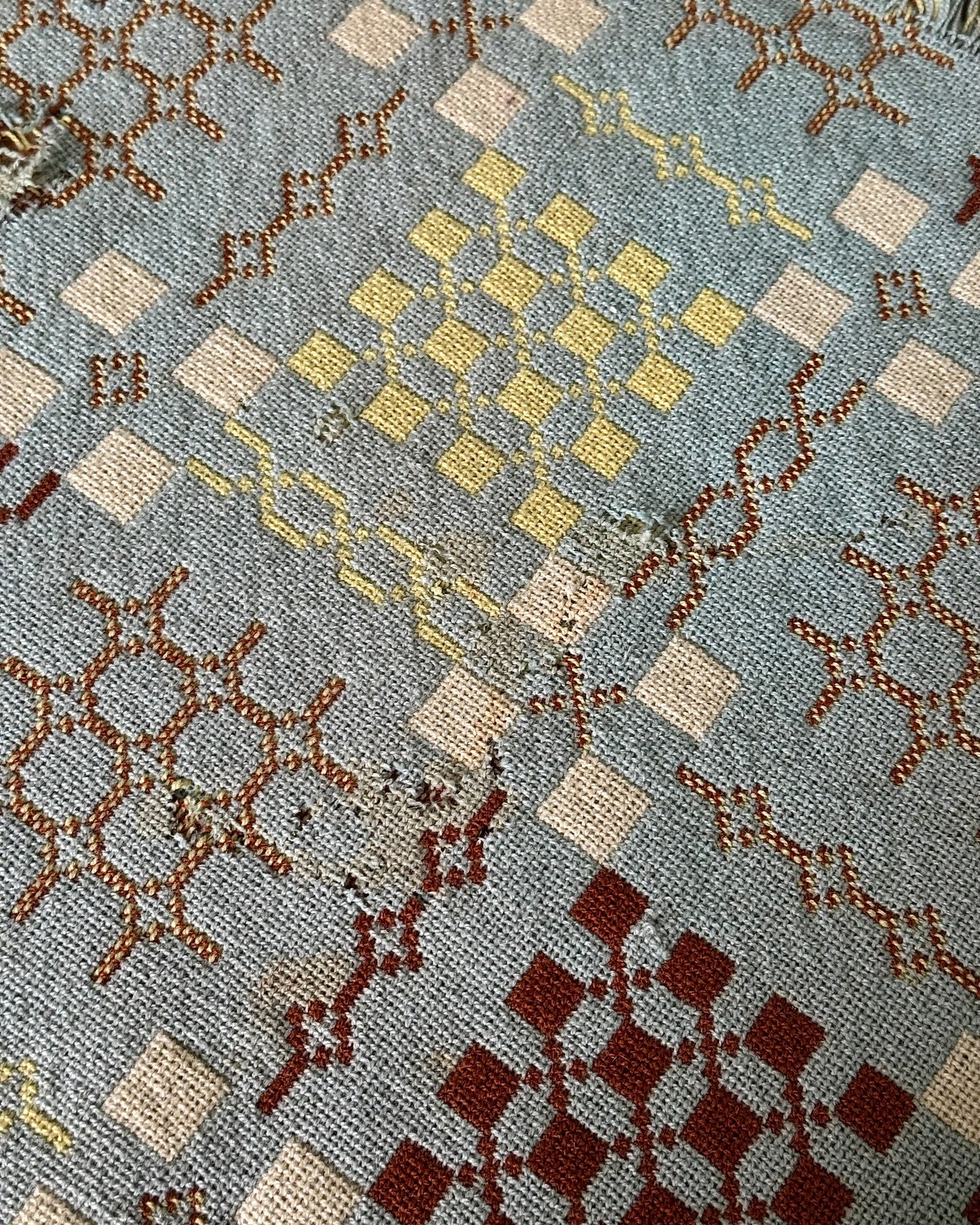 Vintage Welsh Wool Tapestry Blanket in Pastel Blue, Brown & Yellow