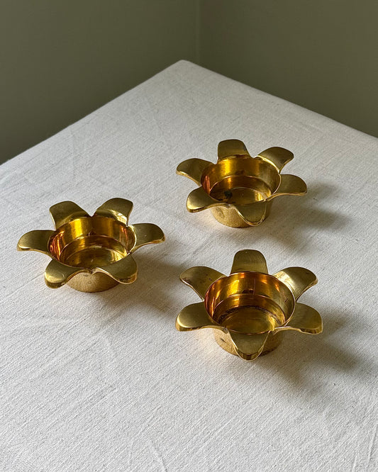 Set of 3 Swedish Mid-century Brass Flower Tealight Holders