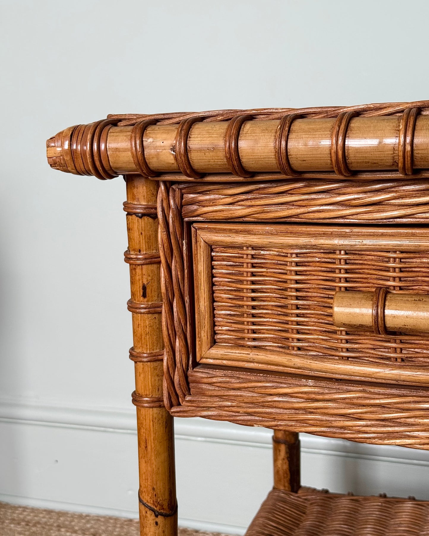 Pair of Wicker & Bamboo Bedside Tables