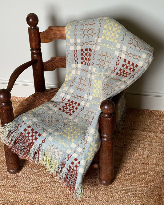 Vintage Welsh Wool Tapestry Blanket in Pastel Blue, Brown & Yellow