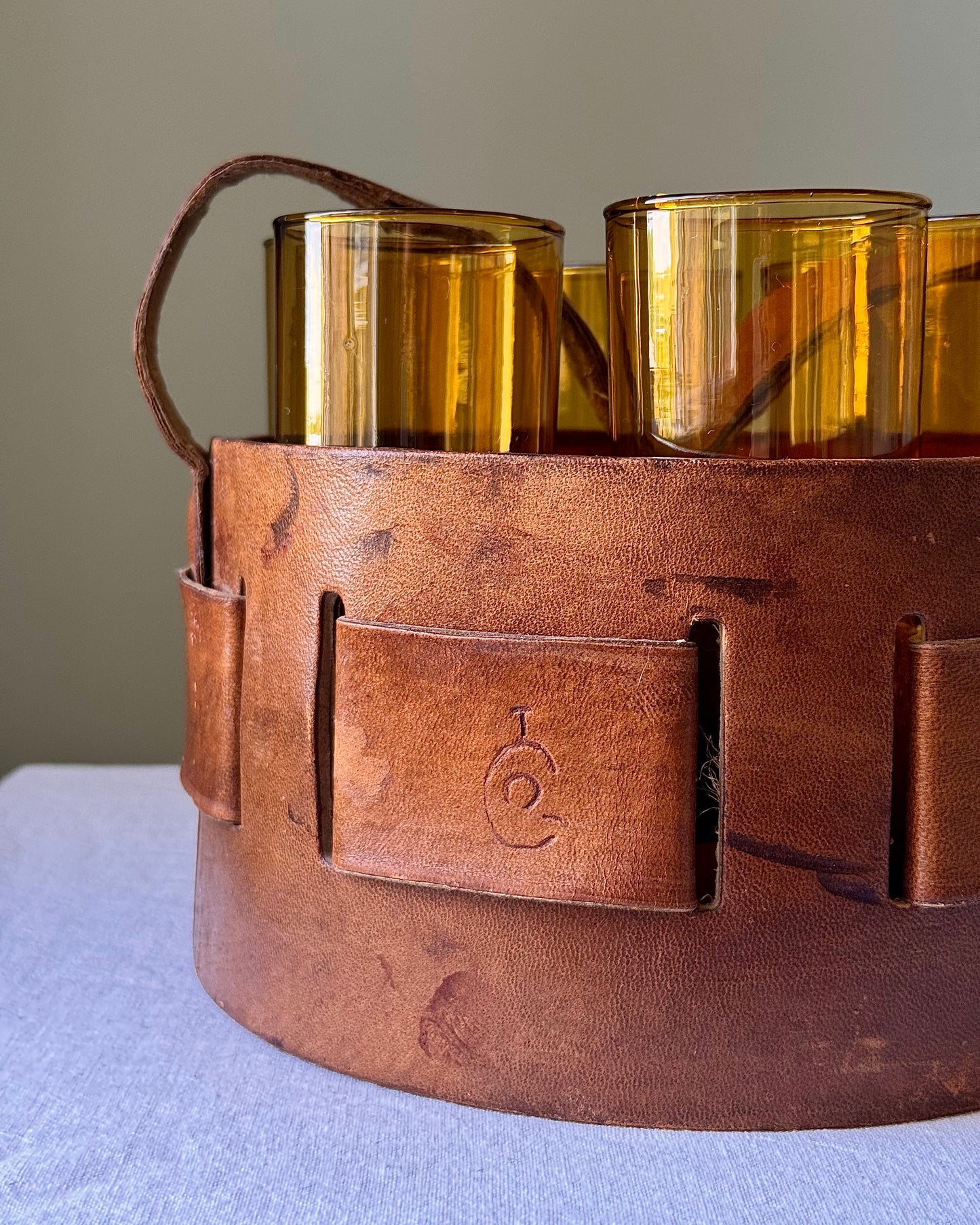 Mid-century Mexican Artisan Leather Caddy & Glass Drinks Set