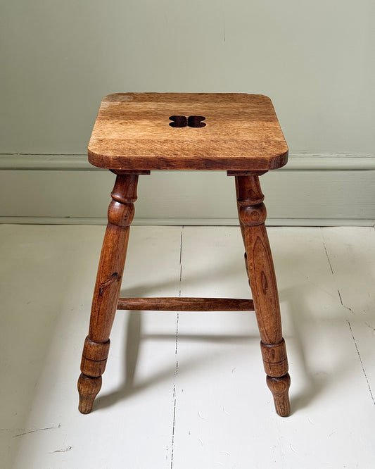 French Mid-century Oak Stool with Quatrefoil Cut-Out