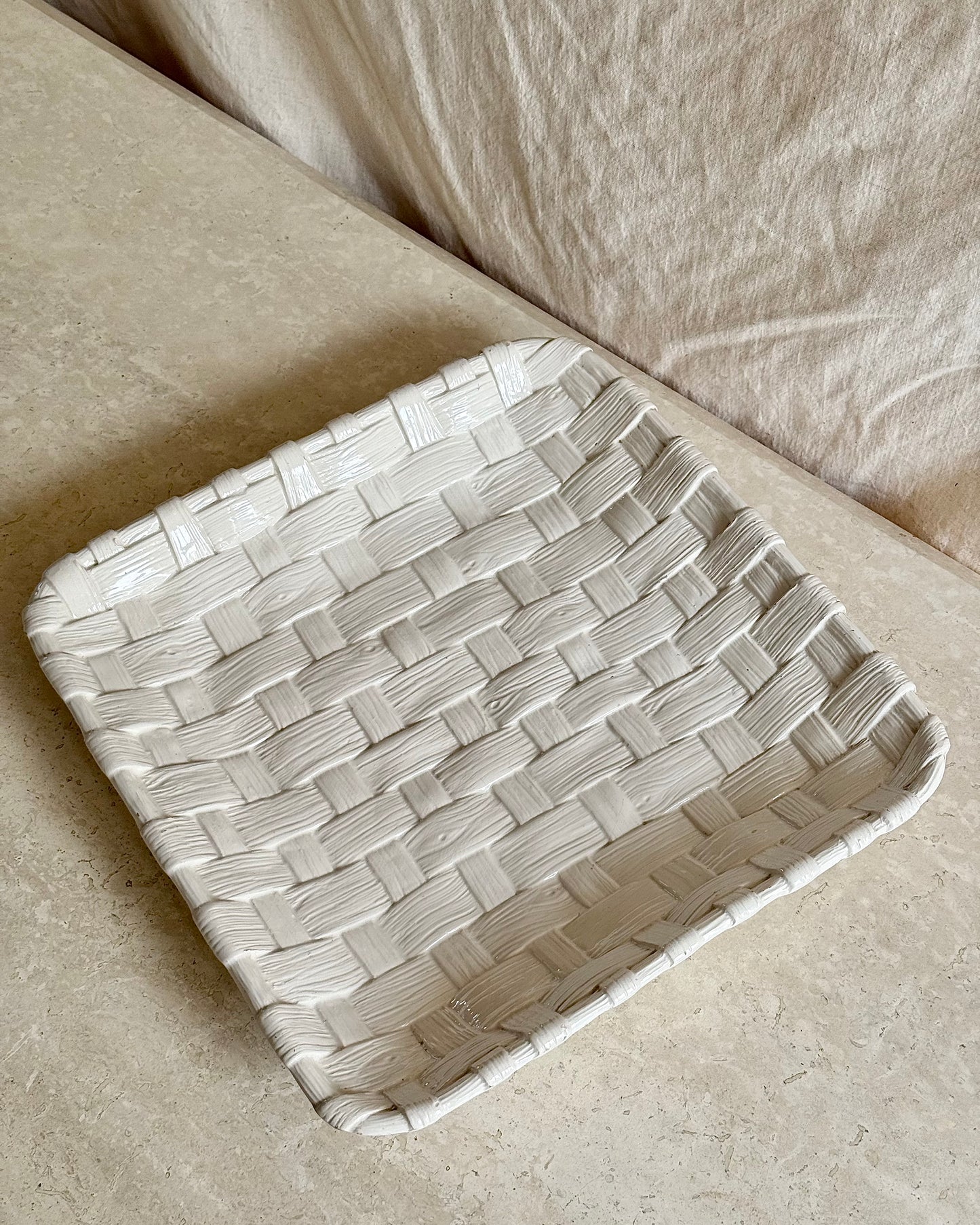 Large Italian Ceramic White Woven Platter