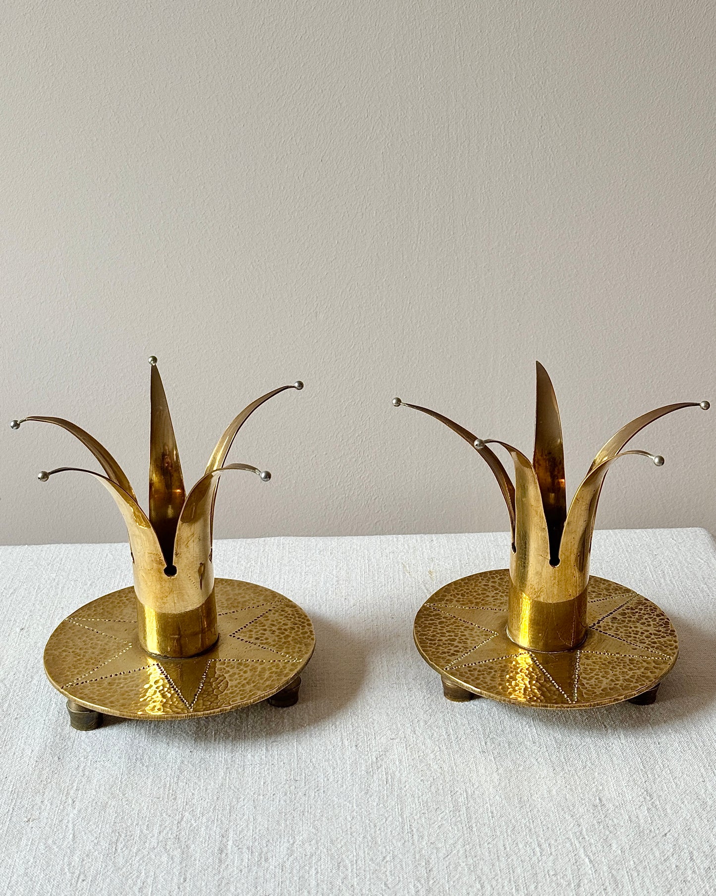 Pair of Swedish Brass Crown Candleholders with Hammered Bases, circa 1950