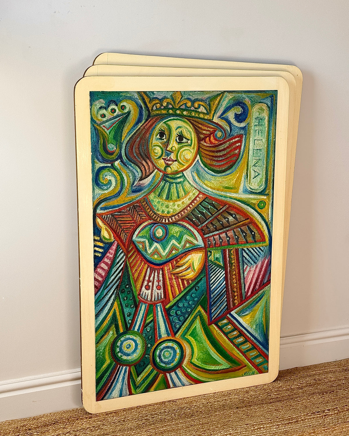 Cubist Playing Card Queen Acrylic on Canvas, Signed Kolo 1968