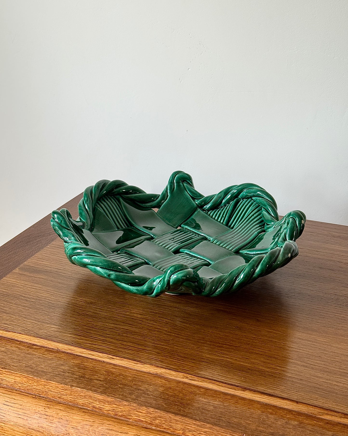 Vallauris Green Glazed Woven Ceramic Bowl, c.1950s