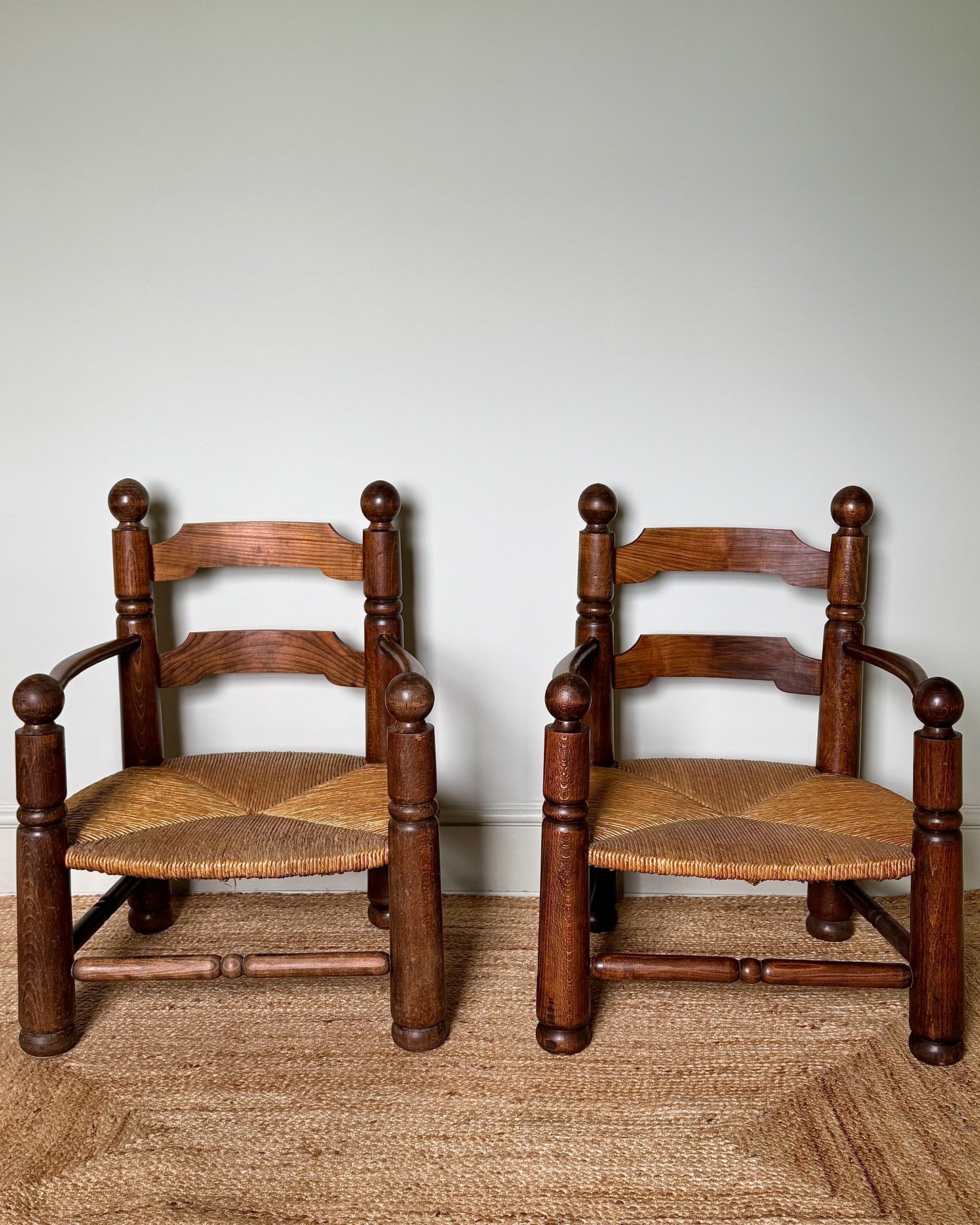 Pair of Charles Dudouyt Oak and Rush Armchairs, 1940s