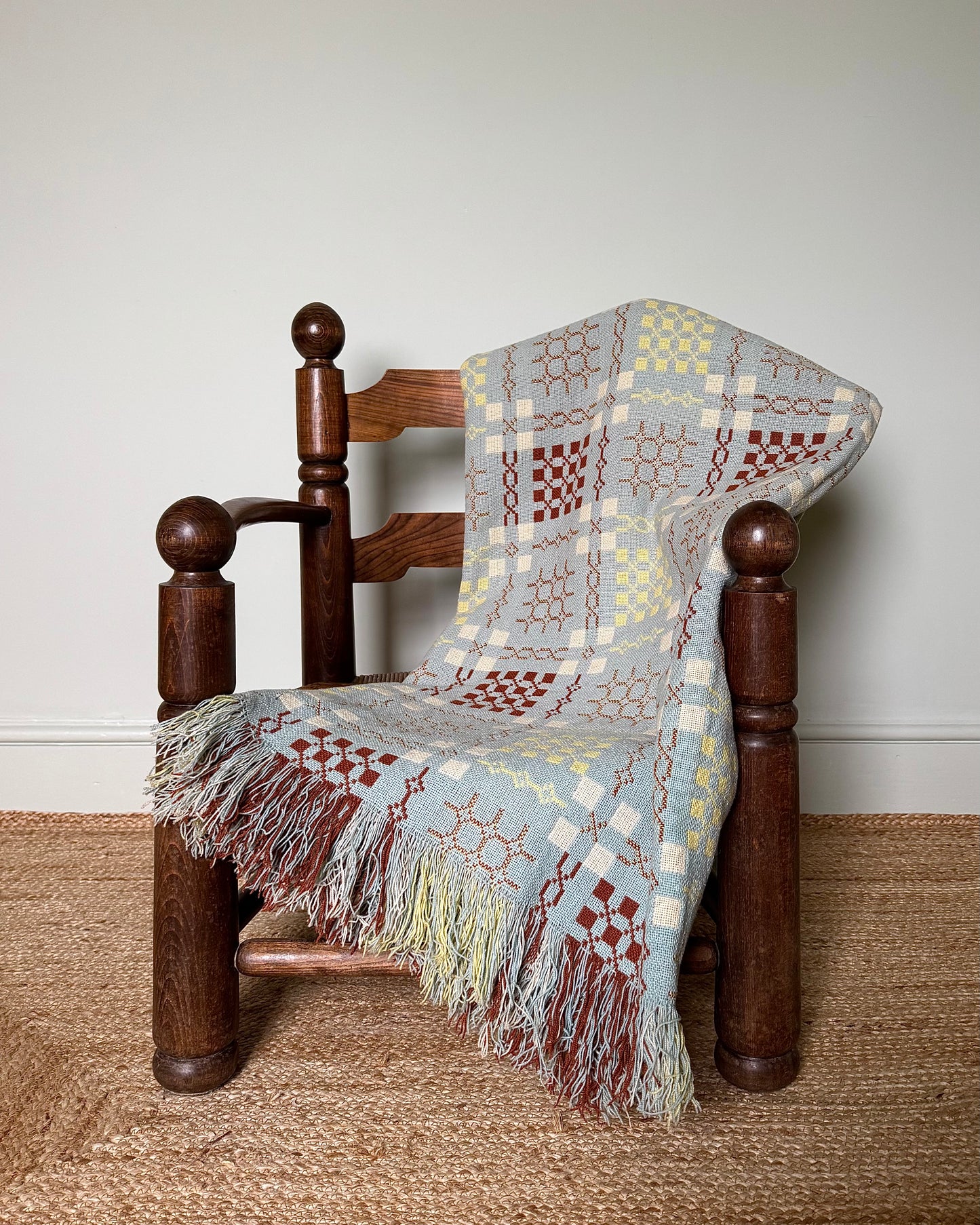 Vintage Welsh Wool Tapestry Blanket in Pastel Blue, Brown & Yellow
