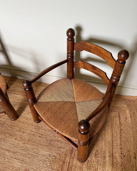 Pair of Charles Dudouyt Oak and Rush Armchairs, 1940s