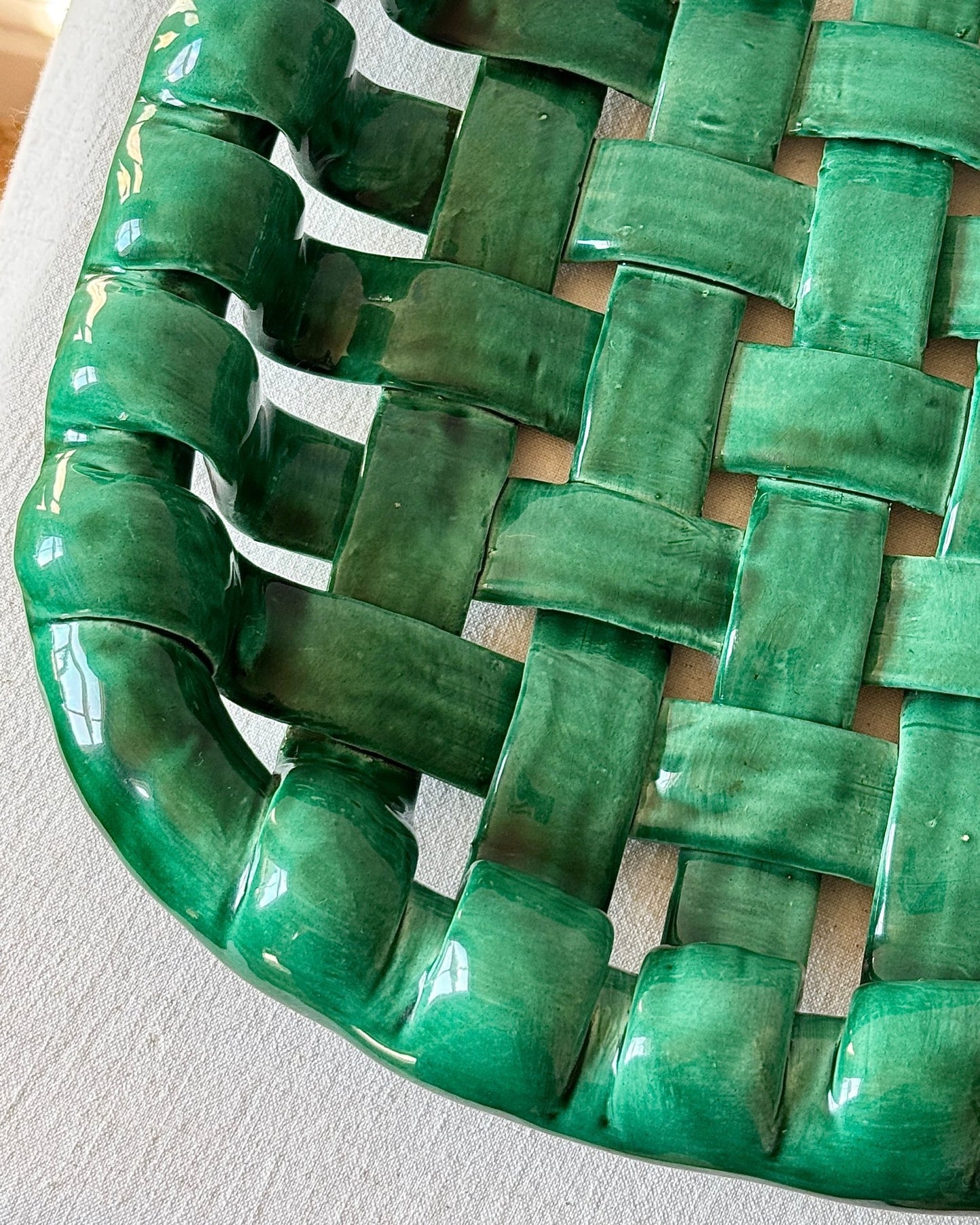 Large Emerald Green Glazed Ceramic Chunky Woven Bowl - Club Sourced