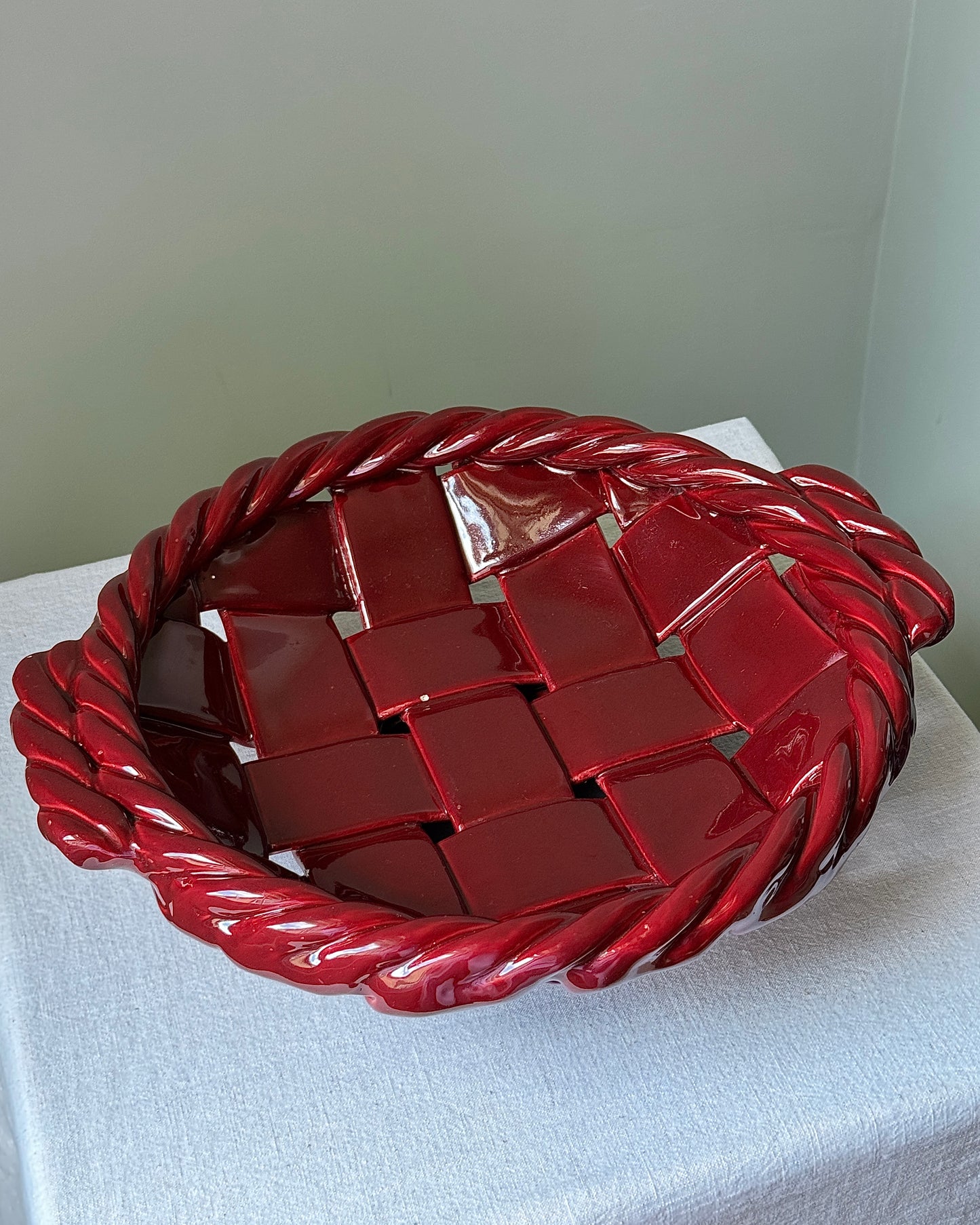 Large Glossy Red Ceramic Woven Basket Bowl