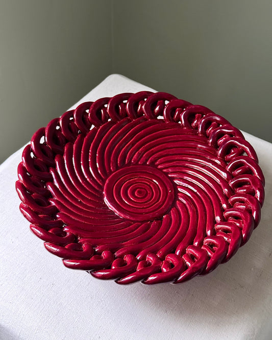 Large Vallauris Glossy Red Glaze Twisted Rope Bowl