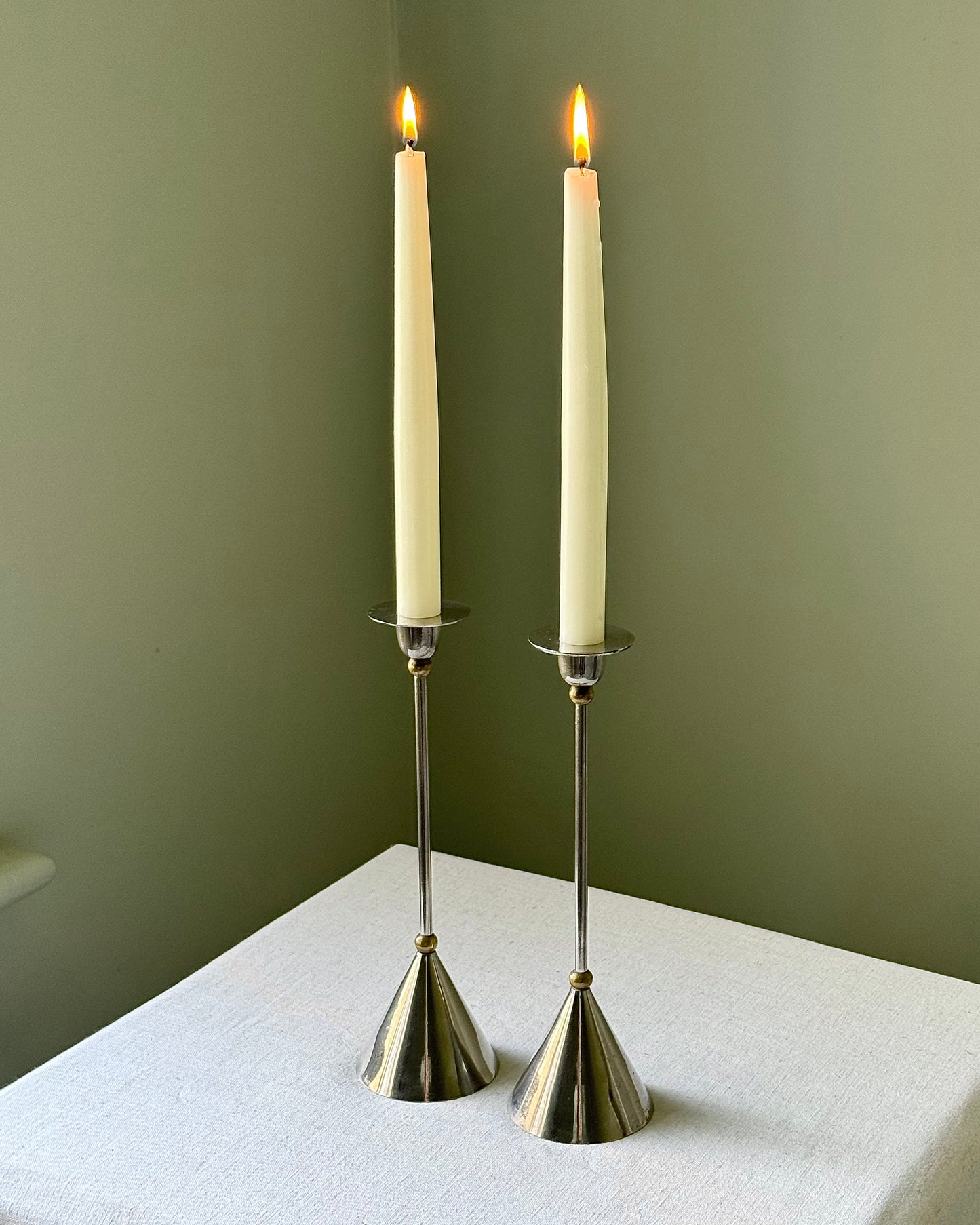Pair of Chrome and Brass Memphis Style Candlesticks