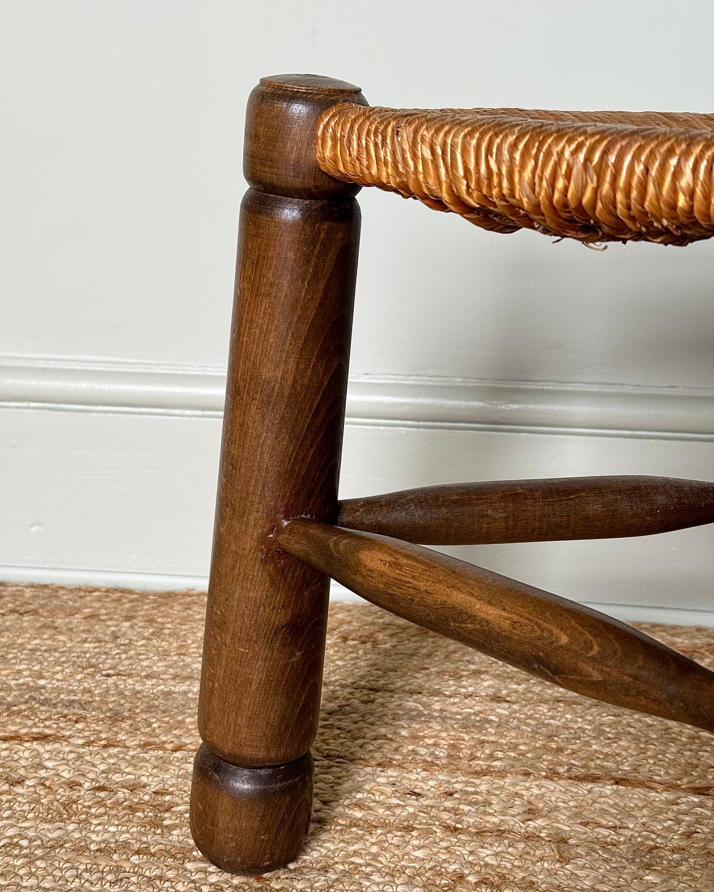 French Oak & Rush Stool, In the manner of Charles Dudouyt