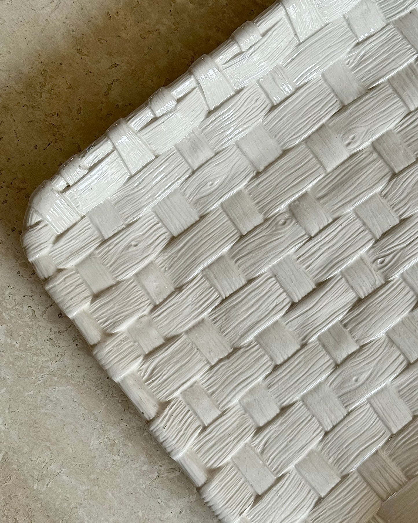 Large Italian Ceramic White Woven Platter
