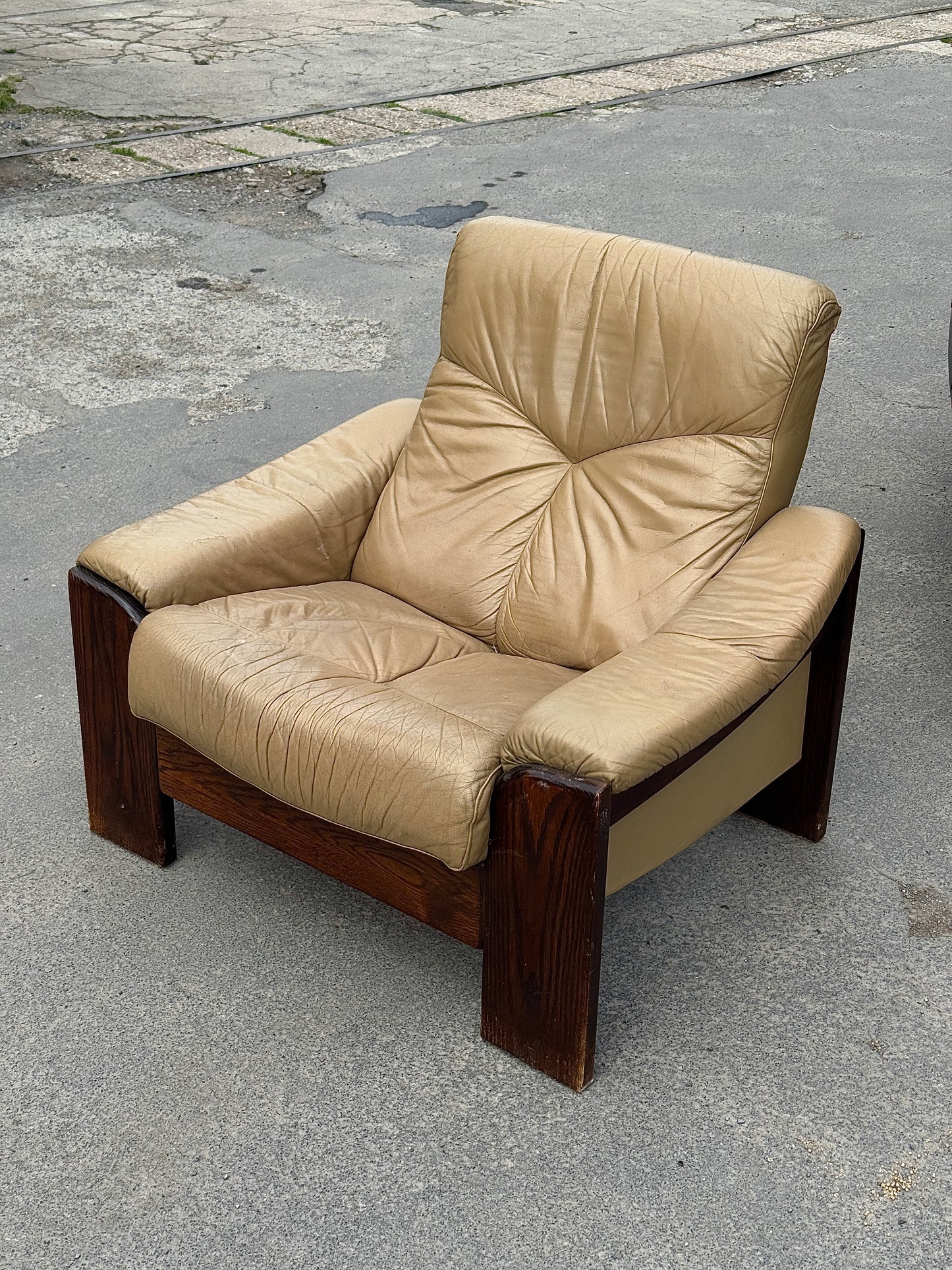 Pair of German Leather Armchairs with Dark Wood Slab Frame