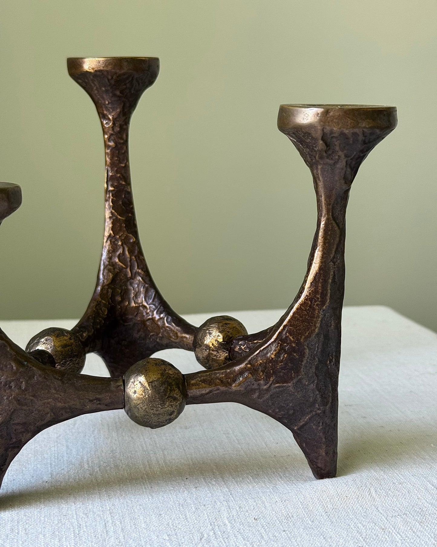 Brutalist Bronze 3 Prong Candleholder