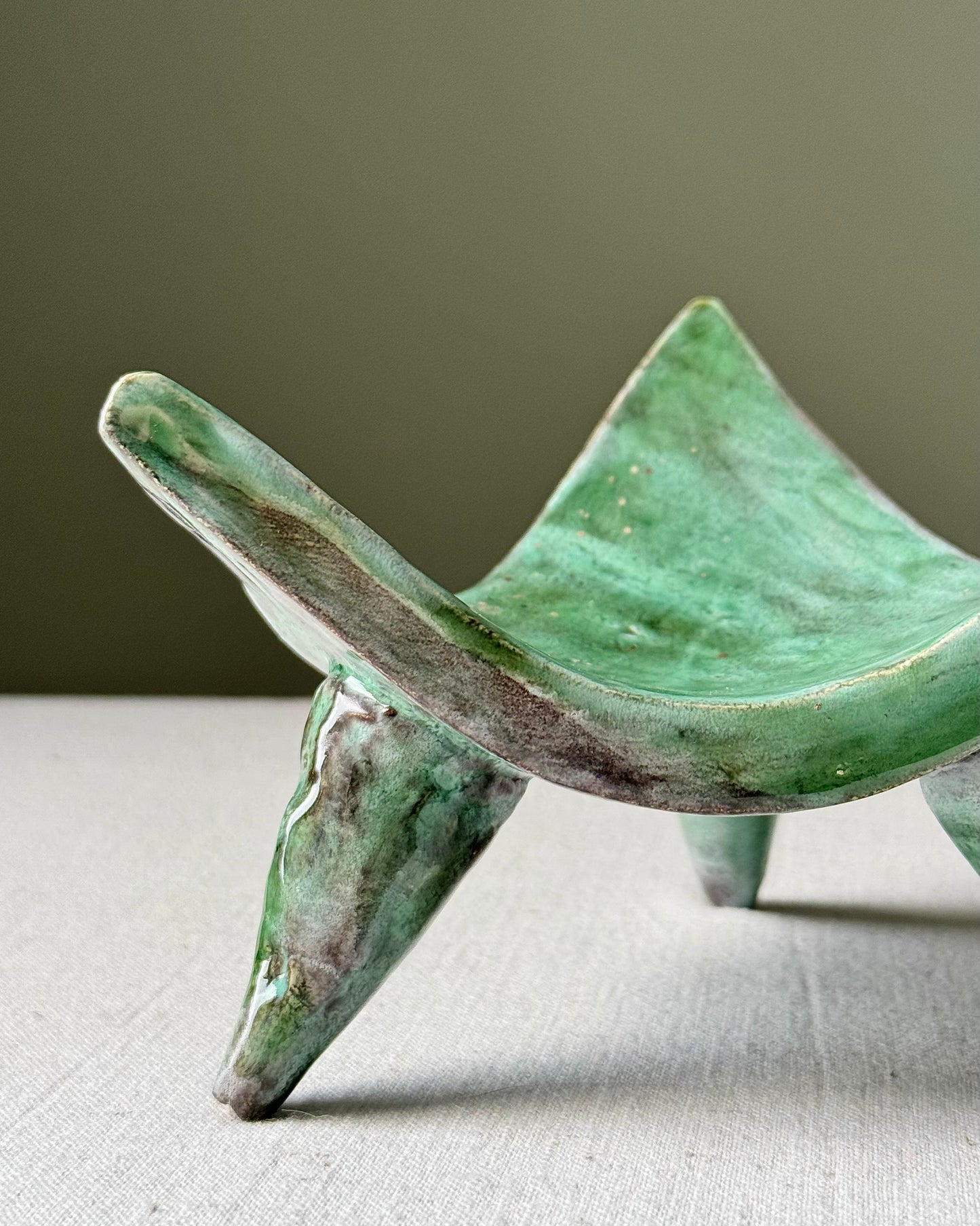 French 1970s Studio Pottery Green Glaze Tripod Dish