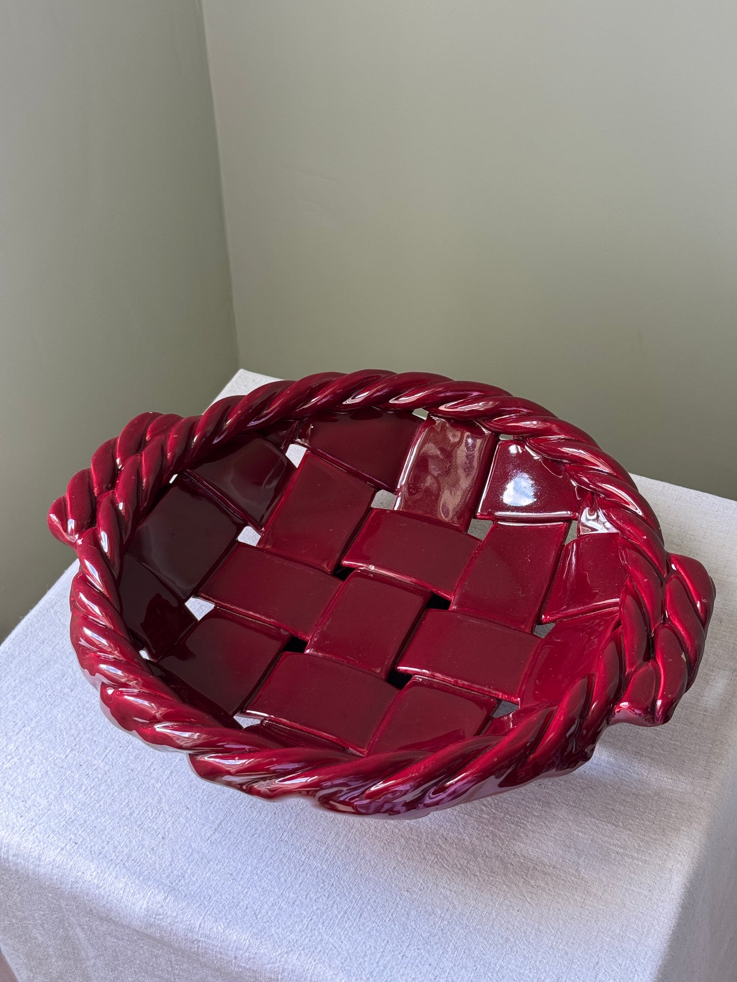 Large Glossy Red Ceramic Woven Basket Bowl