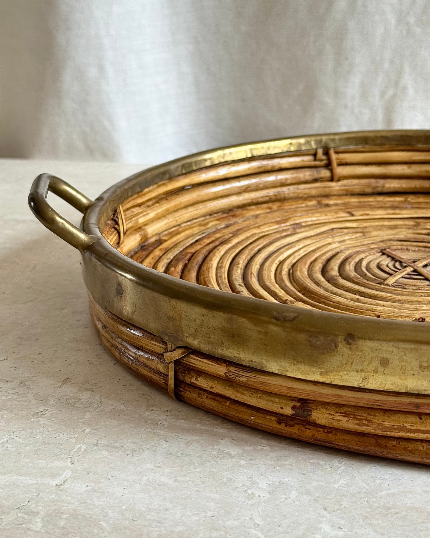 Large Italian Pencil Reed & Brass Round Tray