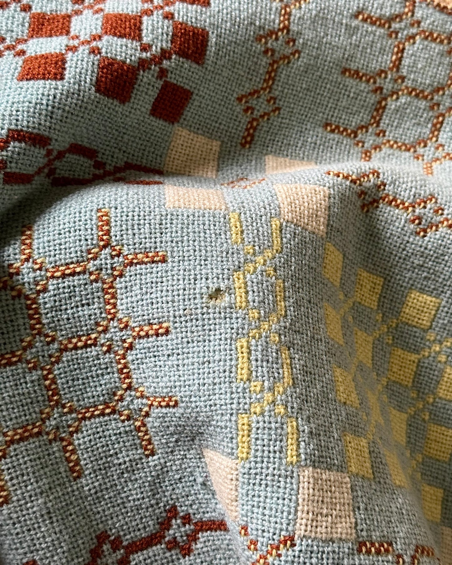 Vintage Welsh Wool Tapestry Blanket in Pastel Blue, Brown & Yellow