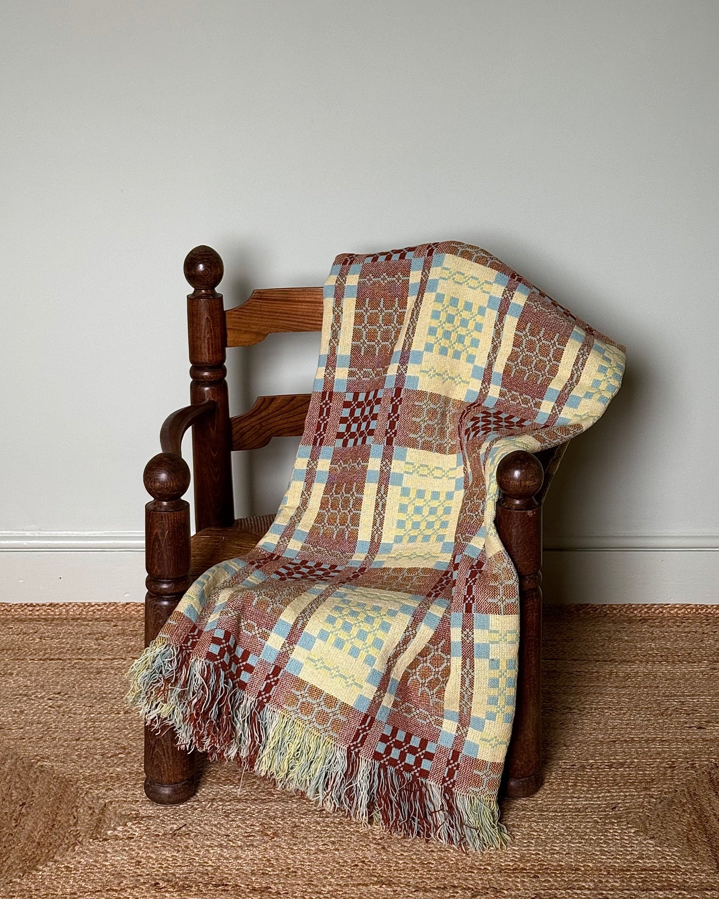 Vintage Welsh Wool Tapestry Blanket in Pastel Blue, Brown & Yellow