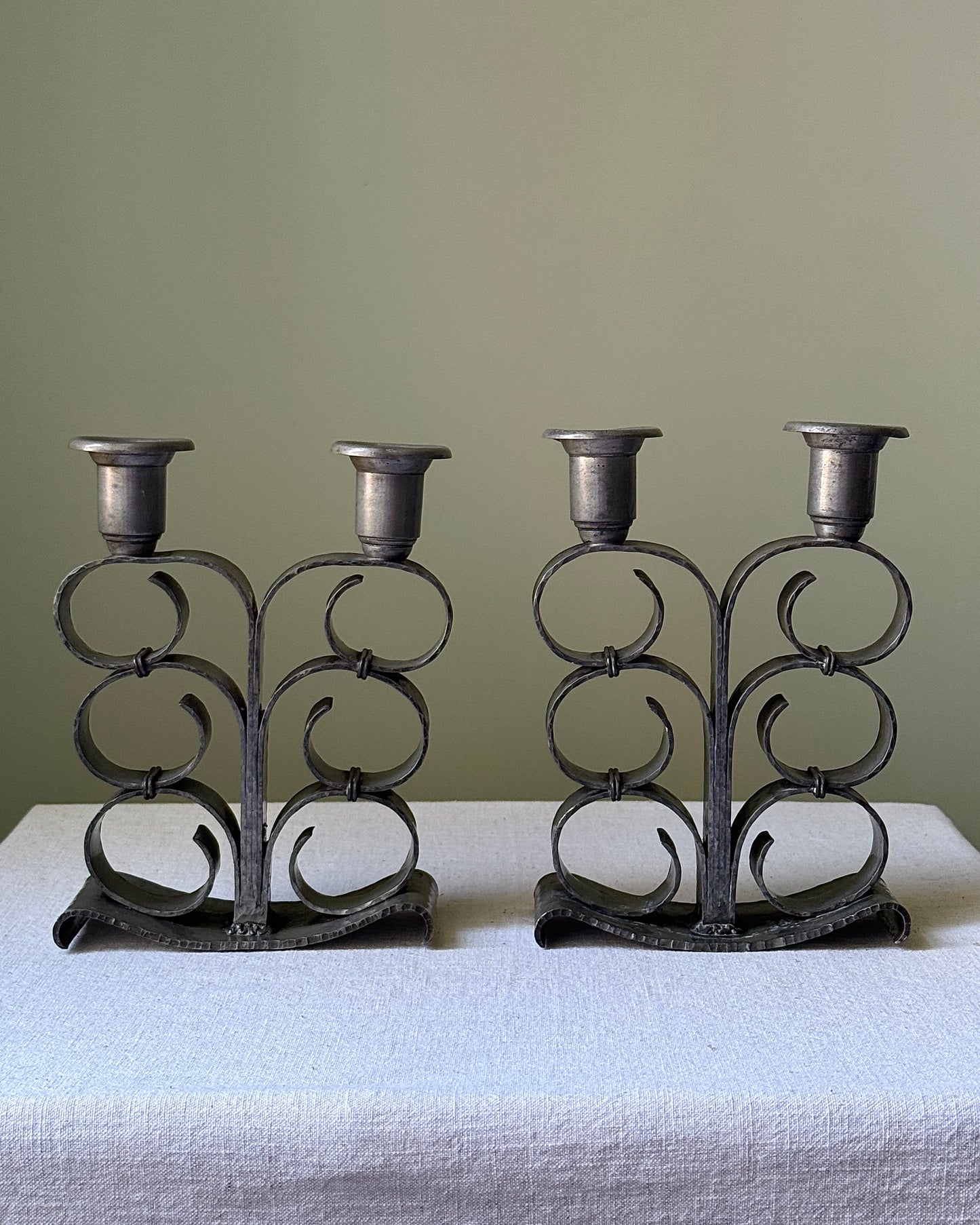Pair of Hammered Pewter Candlesticks