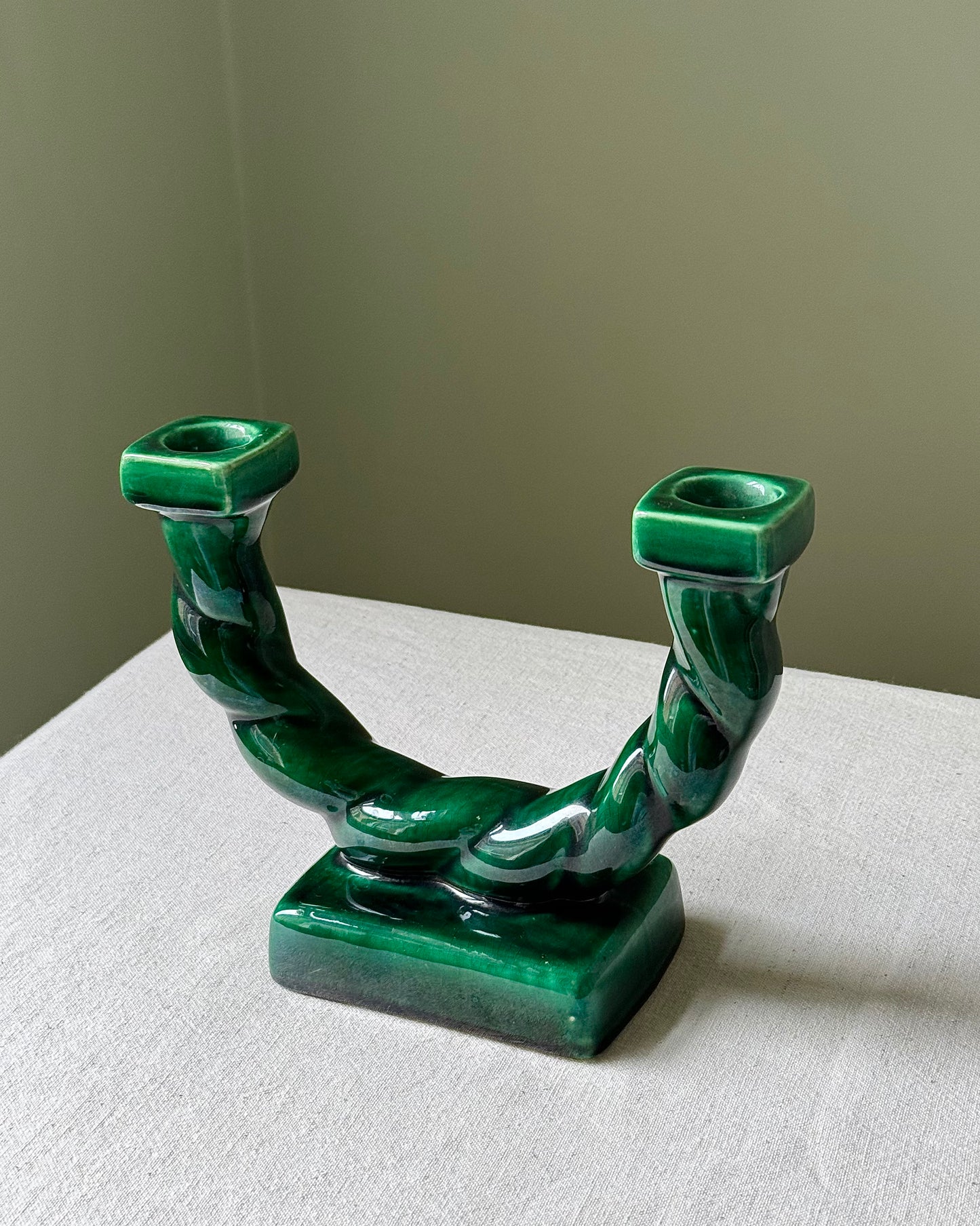 French Vintage Green Glaze Rope Candelabras, Longchamp