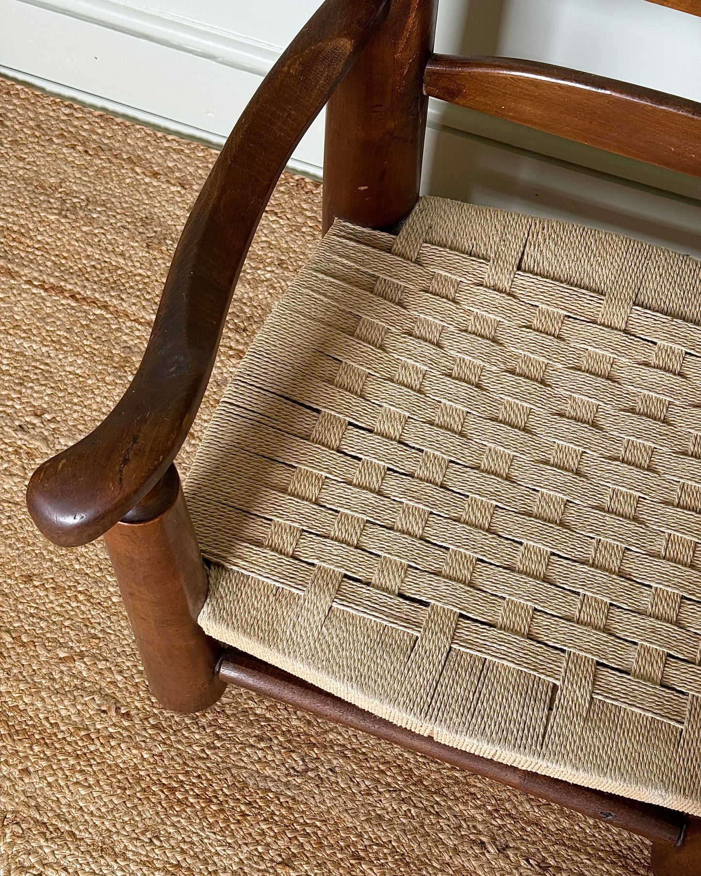 French Low Oak & Rope Armchair, in the style of Charles Dudouyt
