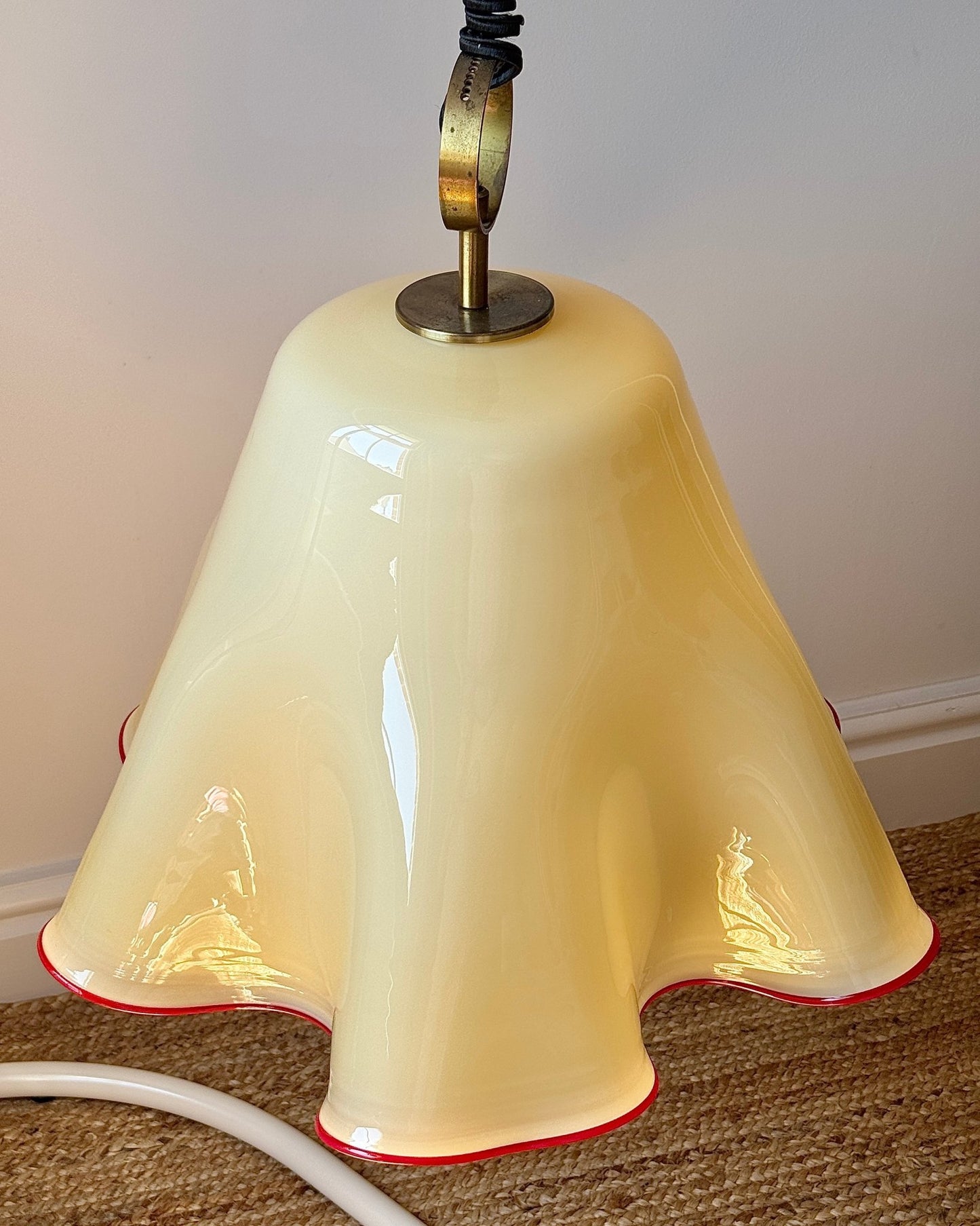 Large Murano Buttery Yellow & Red Rim Handkerchief Pendant, c. 1970s - Club Sourced