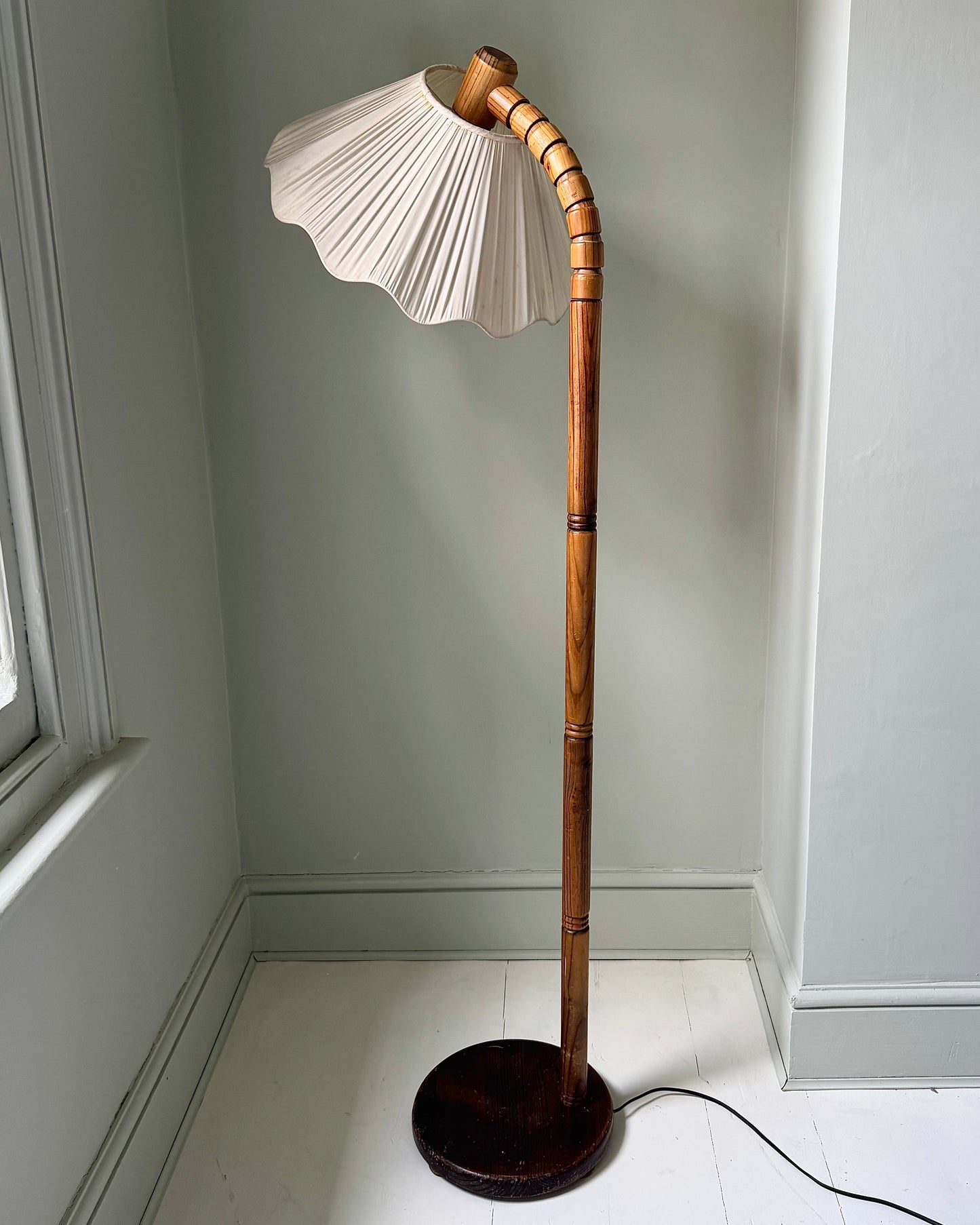 Vintage Swedish Floor Lamp with Original Silk Shade, 1950s
