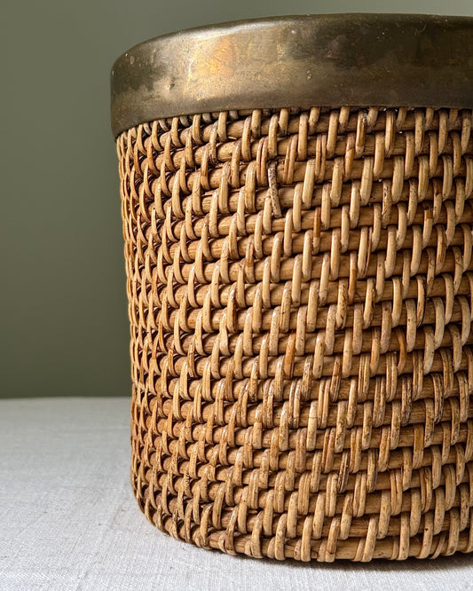 Italian Mid-Century Woven Rattan & Brass Basket
