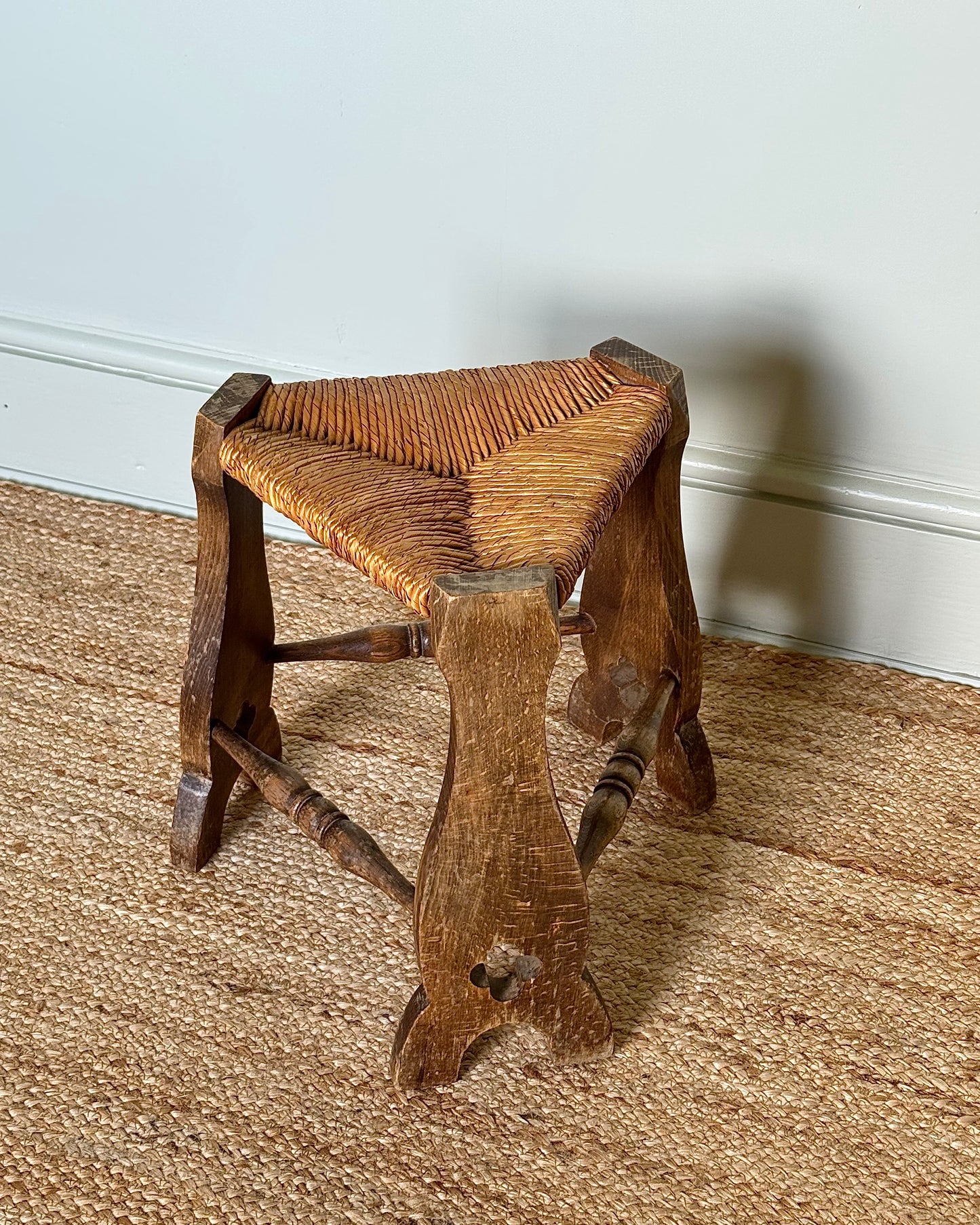 Mid-century French Triangular Rush Seat Stool