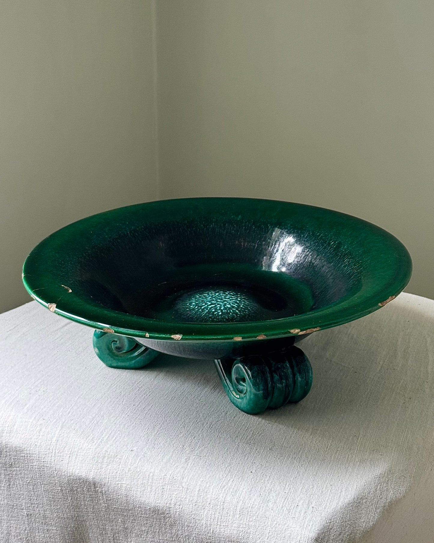 Early 20th Century Italian Green Glazed Ceramic Bowl with Scroll Feet