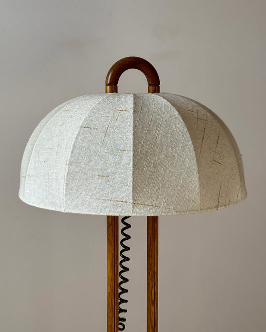 German Oak Floor Lamp with Domed Linen Shade, c.1970