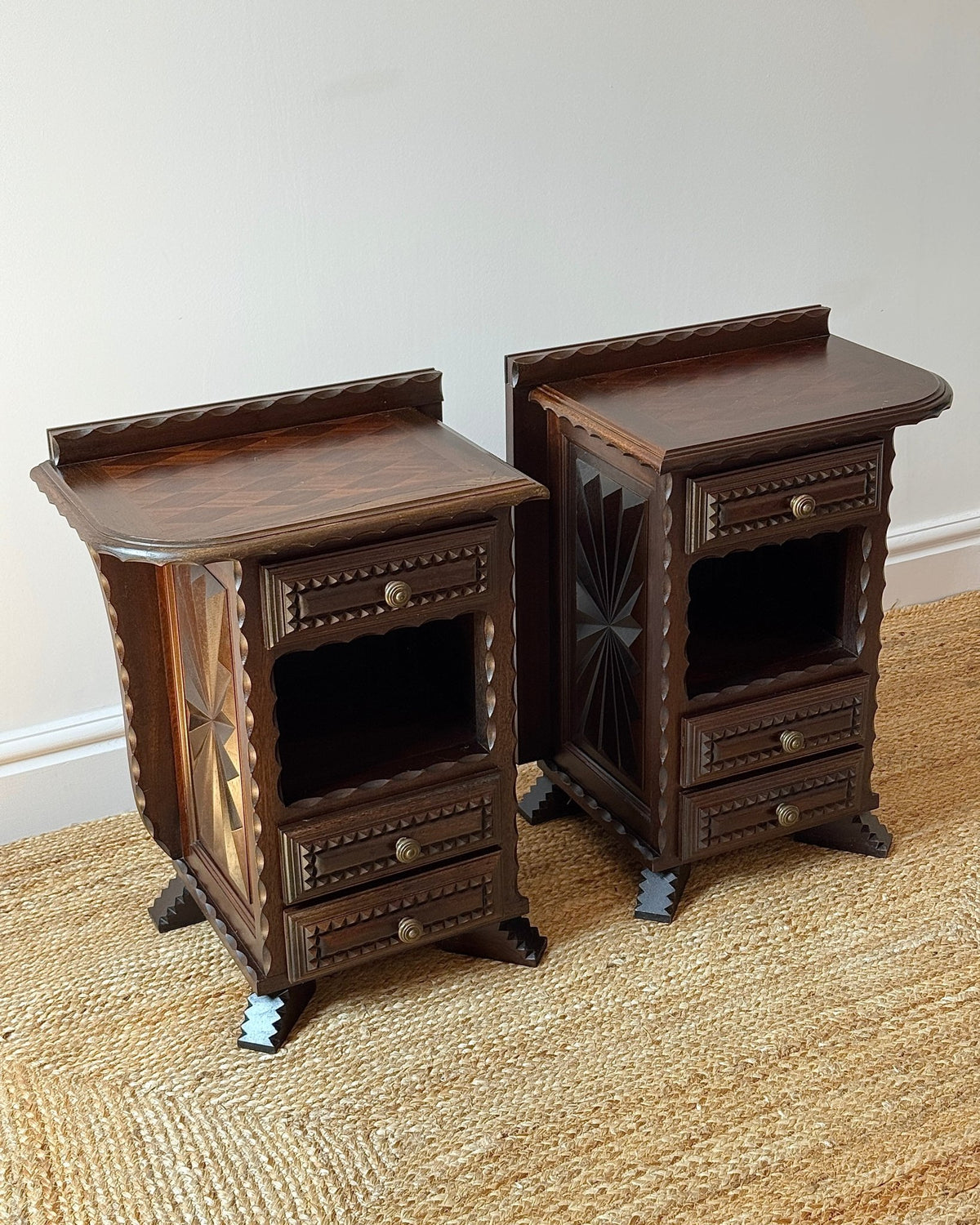 Pair of Folk Carved Oak Bedside Tables, French c.1940 - Club Sourced