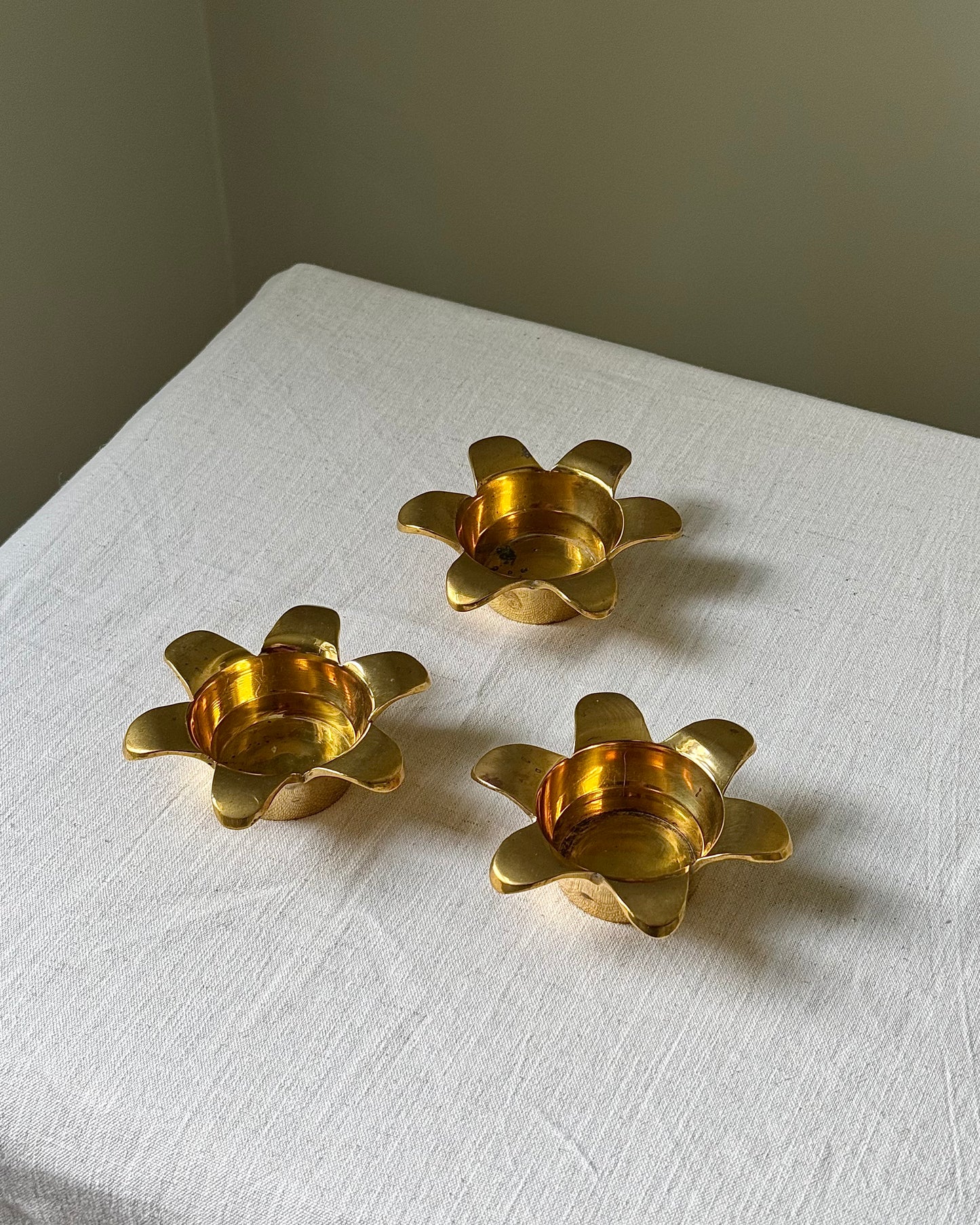 Set of 3 Swedish Mid-century Brass Flower Tealight Holders